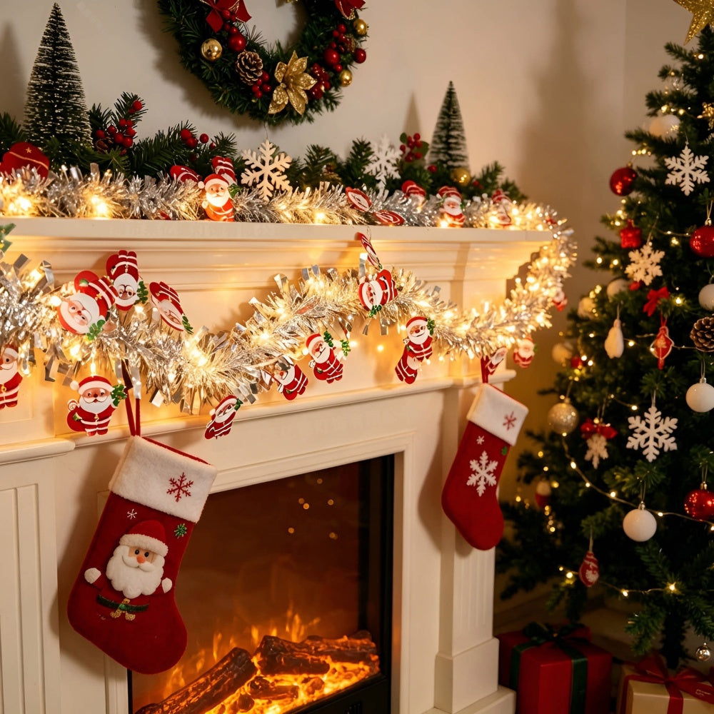 Battery Powered Silver Santa Christmas Tinsel Garland Lights - 9.84 ft, Mantel & Tree Holiday Decor