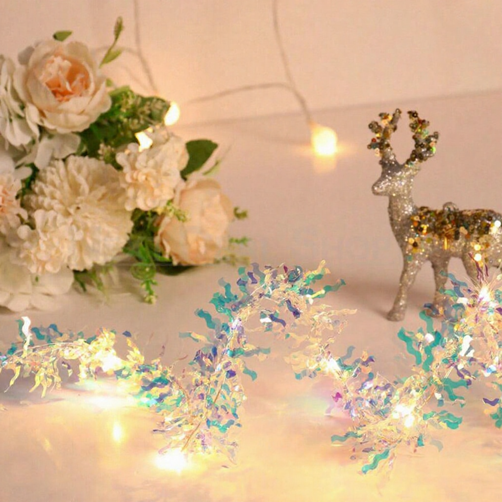 Battery-Powered Sparkling Christmas Tinsel Garland LED Lights - 6.56ft, Mantel & Tree Decor