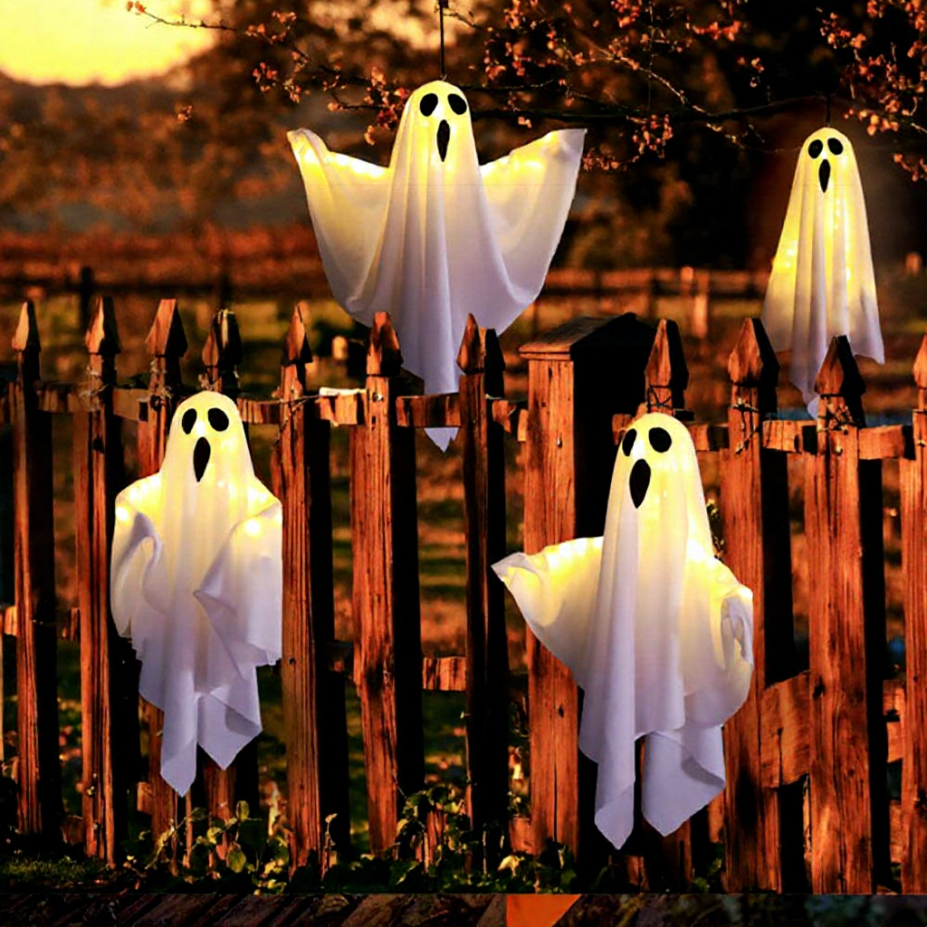 Battery Powered Spooky LED Hanging Ghost Lights - Halloween Patio & Tree Holiday Lighting