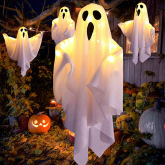 Battery Powered Spooky LED Hanging Ghost Lights - Halloween Patio & Tree Holiday Lighting