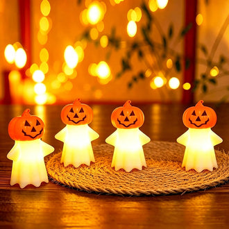 Battery‑Powered Spooky LED Pumpkin‑Ghost Candle Lights‑4‑Pack, Halloween Table & Porch Decor