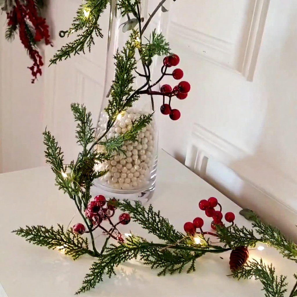 Battery Powered Warm White LED Christmas Pine Needle Garland Lights - Mantel & Staircase Holiday Decor