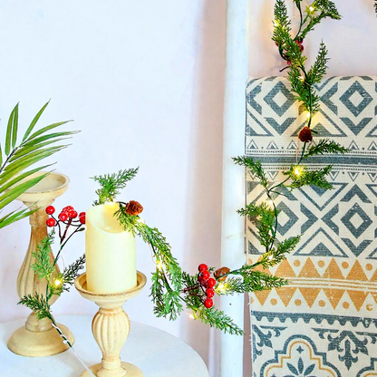 Battery Powered Warm White LED Christmas Pine Needle Garland Lights - Mantel & Staircase Holiday Decor