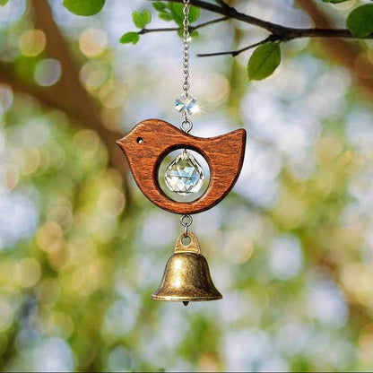 Boho Nature Hand-Carved Wood & Crystal Prism Bird Wind Chime - 11.5-Inch Long, Porch & Garden Decor