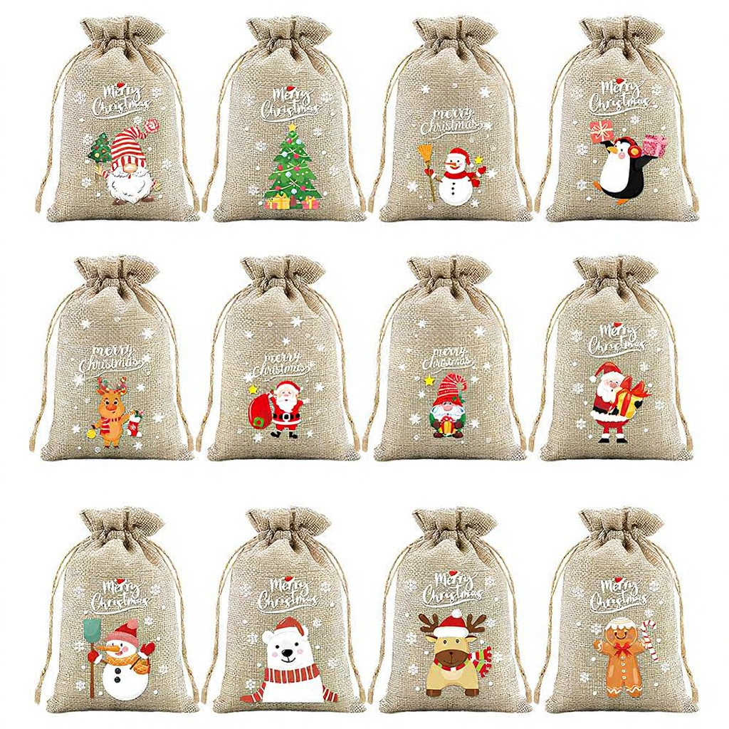 Christmas Burlap Drawstring Gift Bags - 12 Pack, Rustic Holiday Treat & Goodie Bags