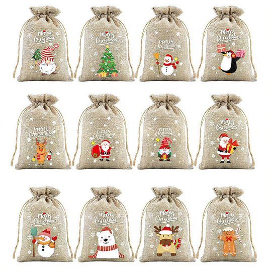Christmas Burlap Drawstring Gift Bags - 12 Pack, Rustic Holiday Treat & Goodie Bags