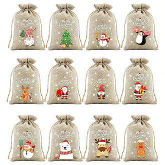 Christmas Burlap Drawstring Gift Bags - 12 Pack, Rustic Holiday Treat & Goodie Bags