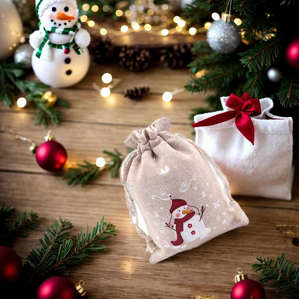 Christmas Burlap Drawstring Gift Bags - 12 Pack, Rustic Holiday Treat & Goodie Bags