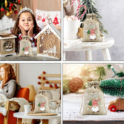 Christmas Burlap Drawstring Gift Bags - 12 Pack, Rustic Holiday Treat & Goodie Bags