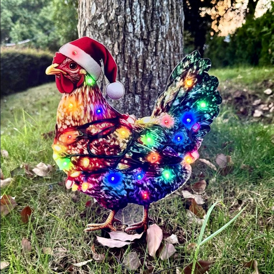 Christmas Chicken Garden Yard Stake with LED Lights - Holiday Garden Lawn Lighting