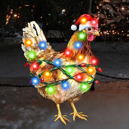 Christmas Chicken Garden Yard Stake with LED Lights - Holiday Garden Lawn Lighting