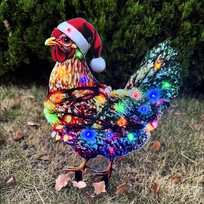 Christmas Chicken Garden Yard Stake with LED Lights - Holiday Garden Lawn Lighting