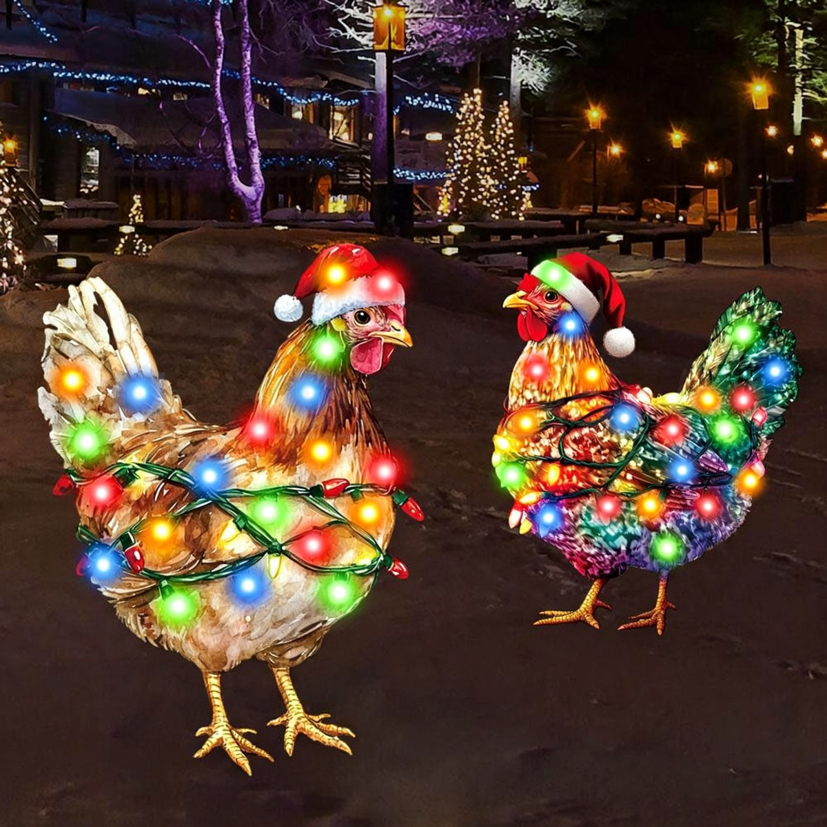 Christmas Chicken Garden Yard Stake with LED Lights - Holiday Garden Lawn Lighting