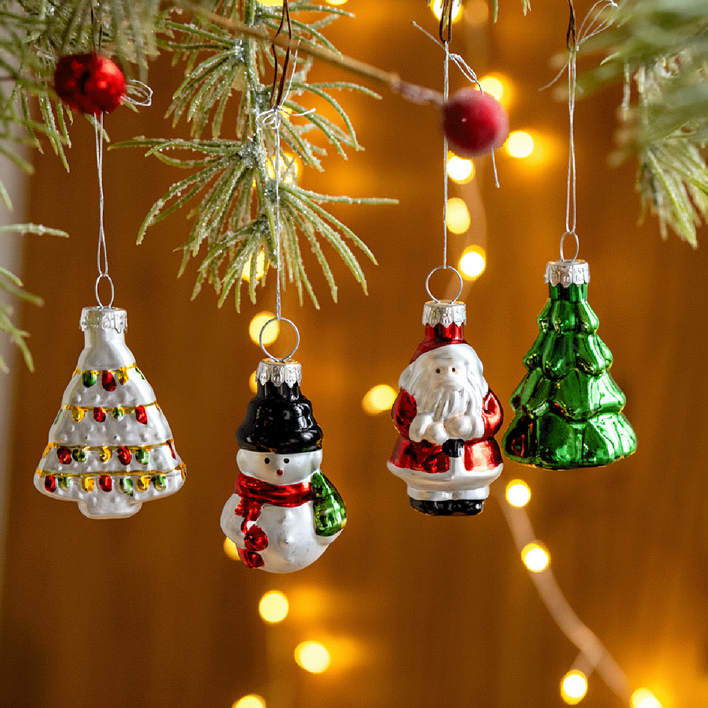Christmas Glass Hanging Ornaments - Set of 9, Xmas Tree Holiday Party Festive Decoration