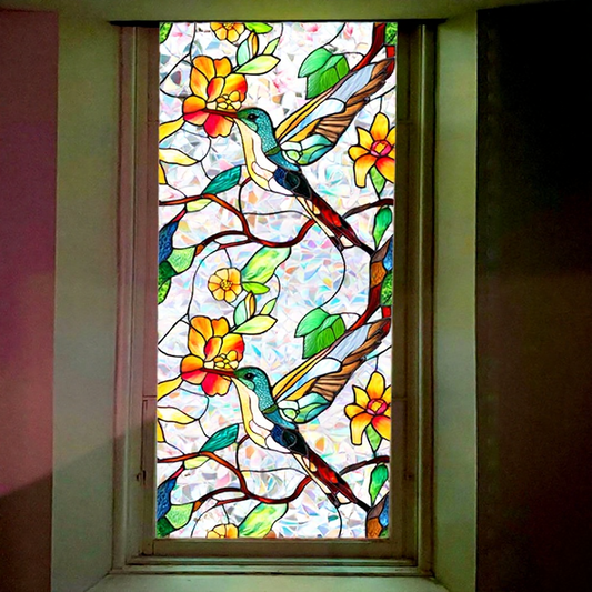 Colorful Hummingbird & Floral Window Film -  Decorative Indoor Home Window Accessory