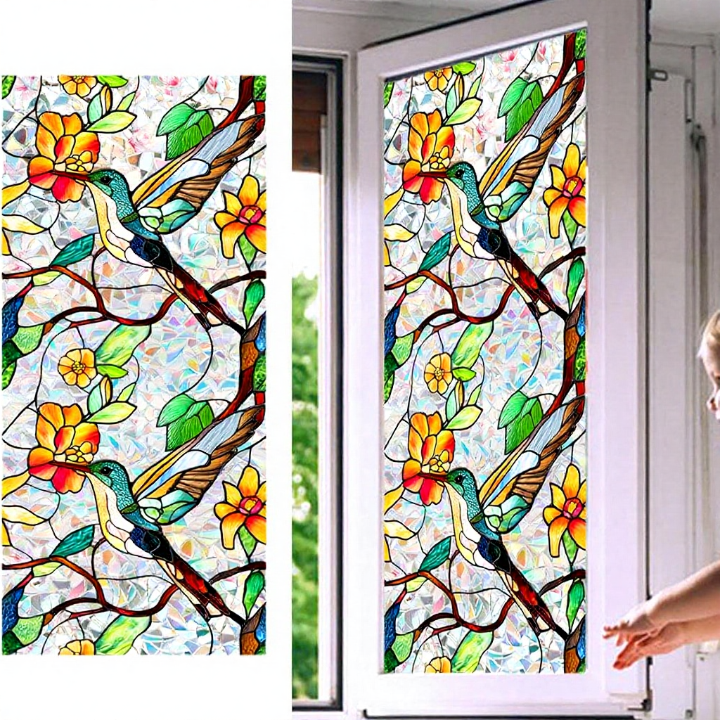 Colorful Hummingbird & Floral Window Film -  Decorative Indoor Home Window Accessory