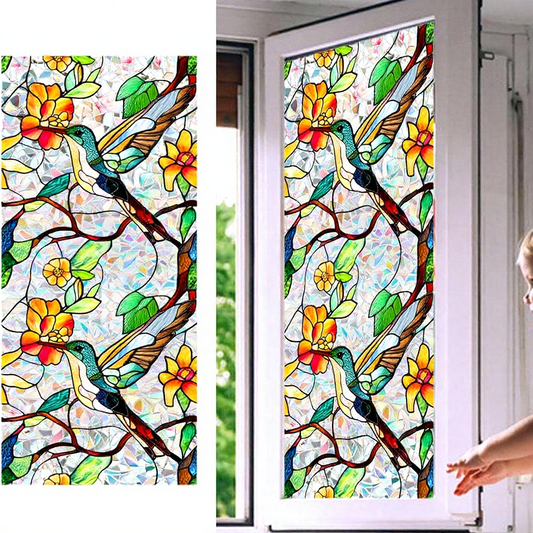 Colorful Hummingbird & Floral Window Film -  Decorative Indoor Home Window Accessory
