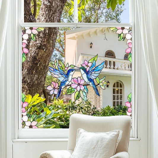 Colorful Hummingbird Flower Window Cling  -  Window Decor