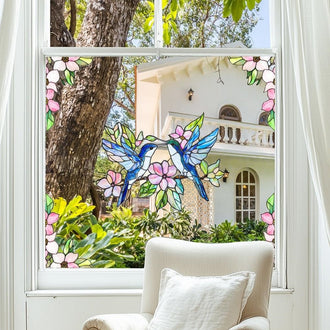 Colorful Hummingbird Flower Window Cling ‑ Window Decor