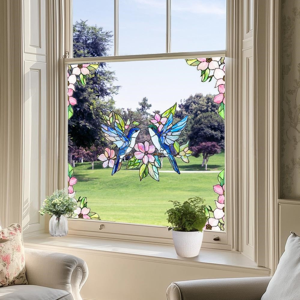Colorful Hummingbird Flower Window Cling  -  Window Decor