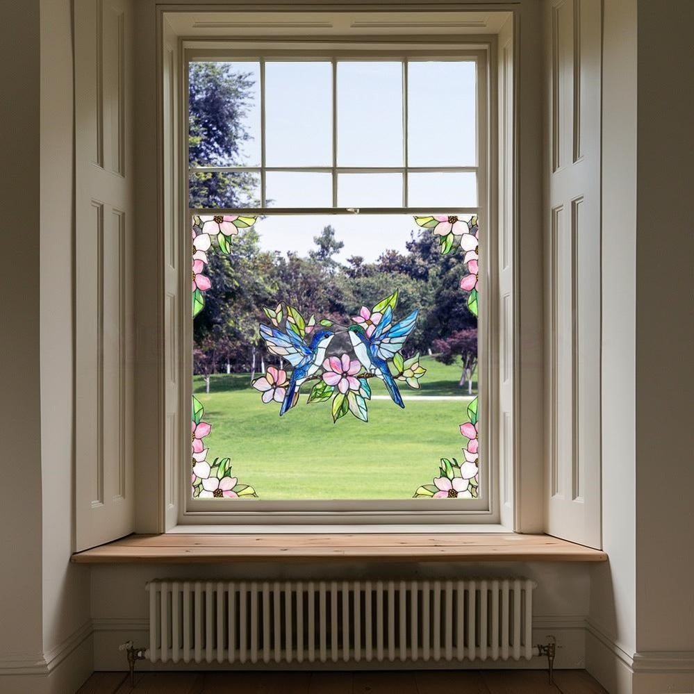 Colorful Hummingbird Flower Window Cling  -  Window Decor