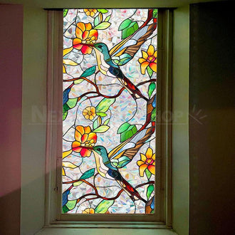 Colorful Hummingbird and Floral Window Film