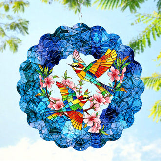 Colorful Metal Bird Floral Wind Spinner ‑ 11-Inch, Yard & Lawn Kinetic Yard Art