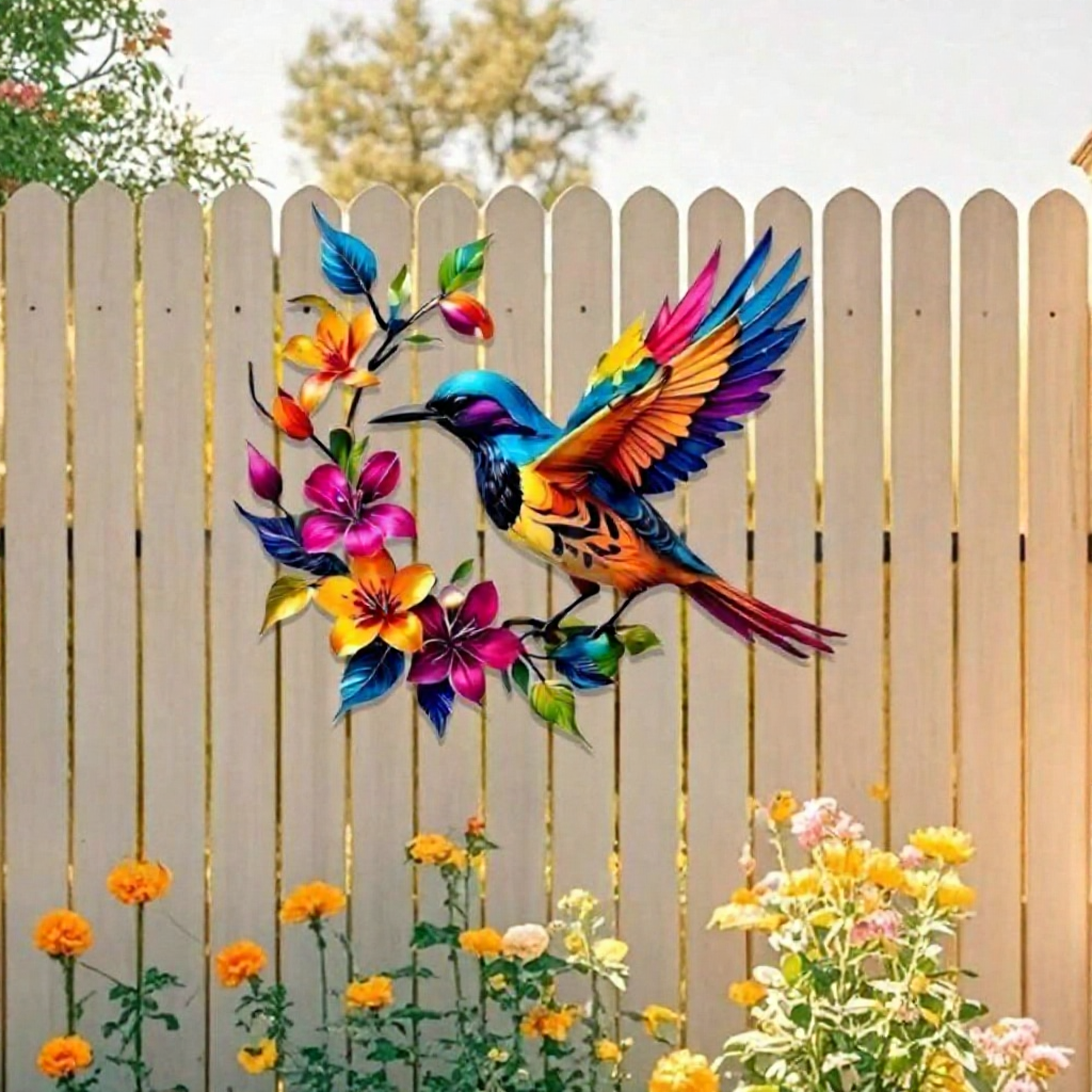 Colorful Metal Hummingbird Wall Decor  -  11-Inch, Patio & Indoor Wall Art Decor