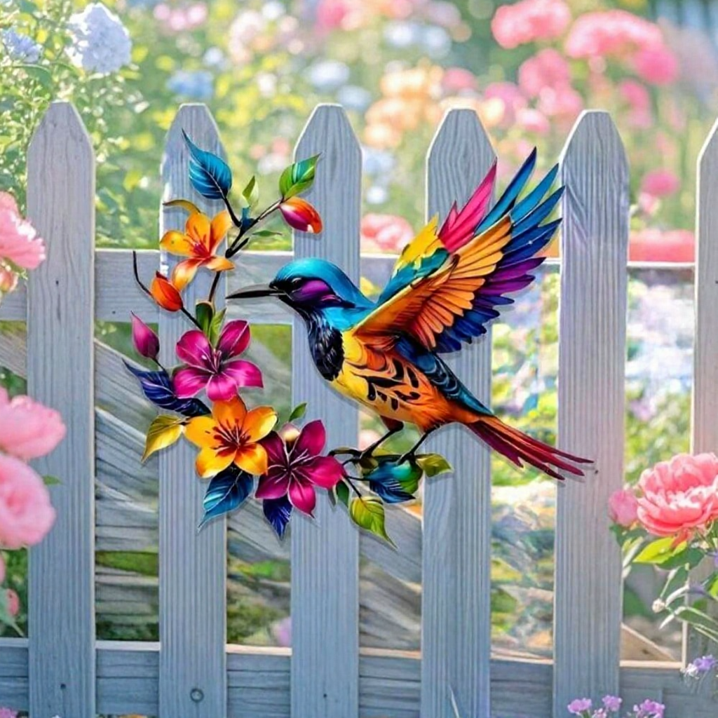 Colorful Metal Hummingbird Wall Decor  -  11-Inch, Patio & Indoor Wall Art Decor