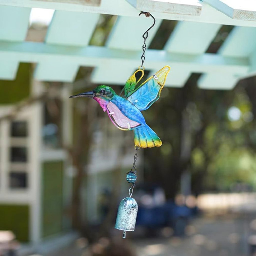 Colorful Stained Glass & Iron Hummingbird Decorative Wind Chime - Home Yard Porch Patio Outdoor Decor Ornament