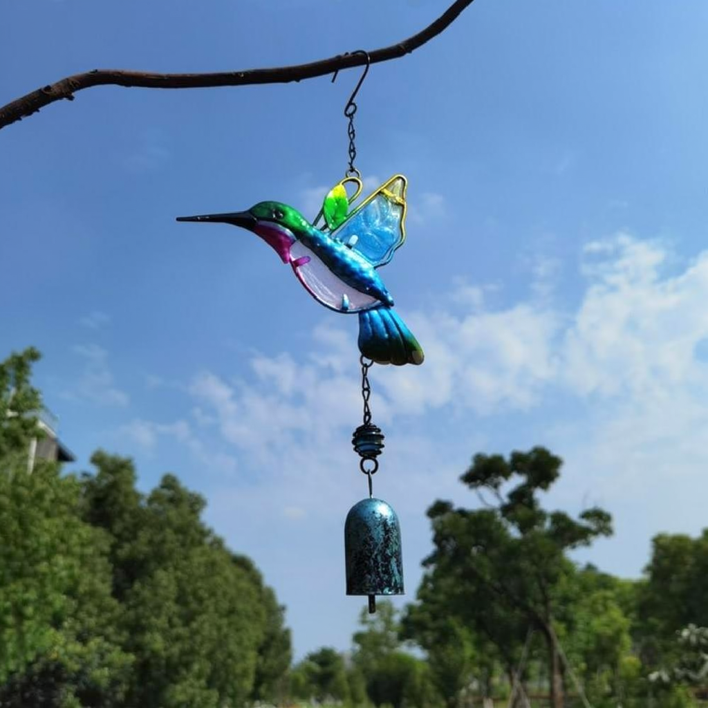 Colorful Stained Glass & Iron Hummingbird Decorative Wind Chime - Home Yard Porch Patio Outdoor Decor Ornament