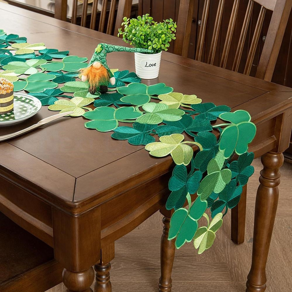 Embroidered Irish Clover Table Runner - 15×34 Inch, St.Patrick’s Day Novelty Dining Table Decor