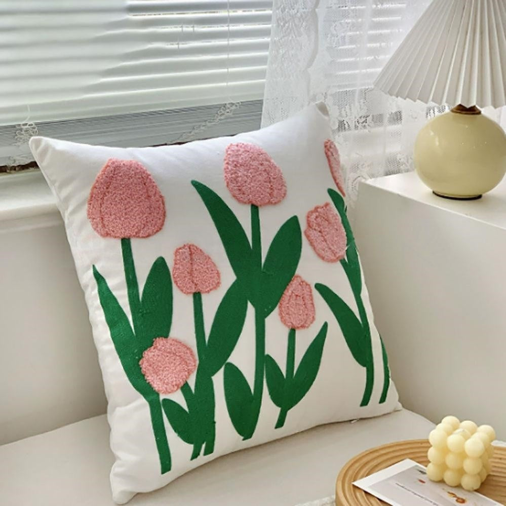 Embroidered Tulip Flower Pillow Cover  -  17.7 x 17.7 Inch, Novelty Sofa & Couch Indoor Home Decor