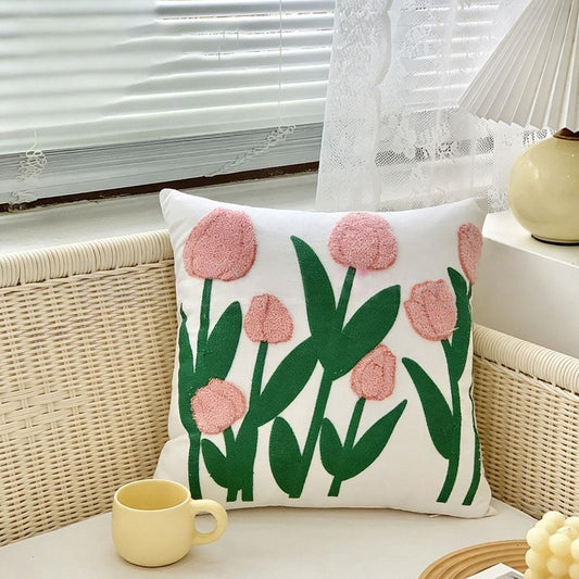 Embroidered Tulip Flower Pillow Cover - 17.7 x 17.7 Inch, Novelty Sofa & Couch Indoor Home Decor
