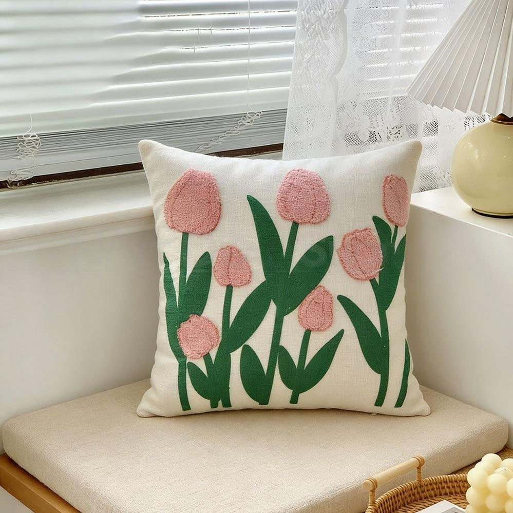 Embroidered Tulip Flower Pillow Cover  -  17.7 x 17.7 Inch, Novelty Sofa & Couch Indoor Home Decor