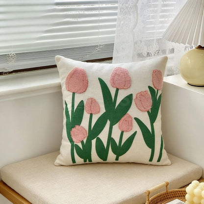 Embroidered Tulip Flower Pillow Cover  -  17.7 x 17.7 Inch, Novelty Sofa & Couch Indoor Home Decor
