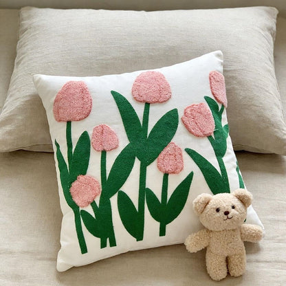 Embroidered Tulip Flower Pillow Cover  -  17.7 x 17.7 Inch, Novelty Sofa & Couch Indoor Home Decor