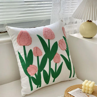 Embroidered Tulip‑Flower Pillow Cover ‑ 17.7 x 17.7 Inch, Sofa & Couch Indoor Home Decor