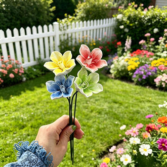 Farmhouse Botanical Ceramic Flower Garden Stakes - Set of 4, Plant Pot & Lawn Decor