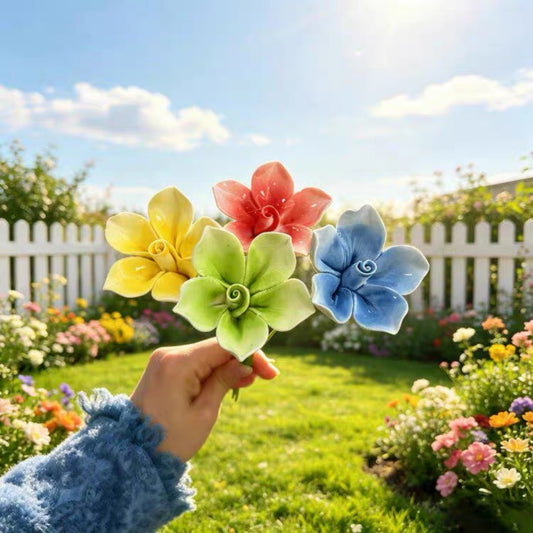 Farmhouse Botanical Ceramic Flower Garden Stakes - Set of 4, Plant Pot & Lawn Decor