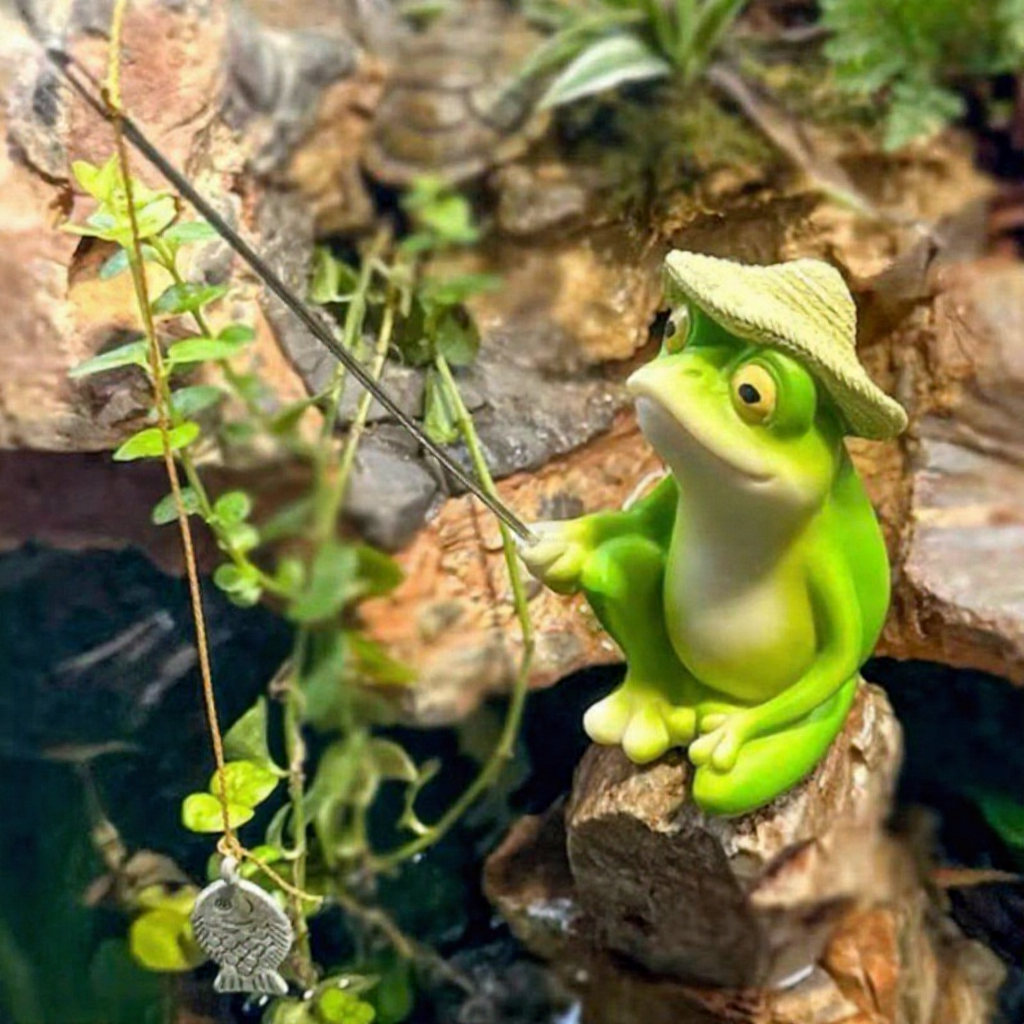 Fishing Frog Garden Figurine - Yard Lawn Flower Bed Outdoor Backyard Landscape Ornament Decor