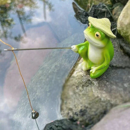 Fishing Frog Garden Figurine - Yard Lawn Flower Bed Outdoor Backyard Landscape Ornament Decor