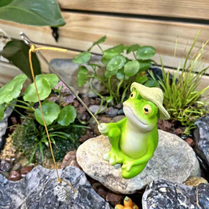 Fishing Frog Garden Figurine - Yard Lawn Flower Bed Outdoor Backyard Landscape Ornament Decor