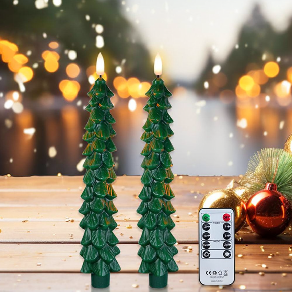 Flameless Christmas Tree Candle Light with Remote - 2 Pcs, Home Table Mantel Xmas Holiday Indoor Party Festive Decor Lighting