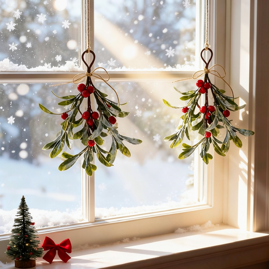 Frosted Mistletoe Christmas Hanging Decor - 2 Pcs, Home Door Wall Xmas Indoor Holiday Party Festival Decor Ornament