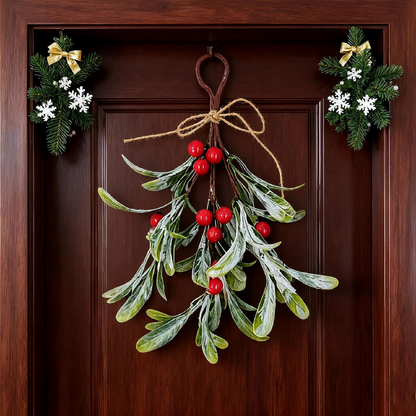 Frosted Mistletoe Christmas Hanging Decor - 2 Pcs, Home Door Wall Xmas Indoor Holiday Party Festival Decor Ornament