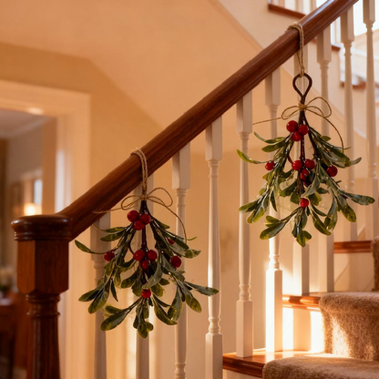Frosted Mistletoe Christmas Hanging Decor - 2 Pcs, Home Door Wall Xmas Indoor Holiday Party Festival Decor Ornament