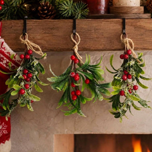 Frosted Mistletoe Christmas Hanging Decor - 2 Pcs, Home Door Wall Xmas Indoor Holiday Party Festival Decor Ornament