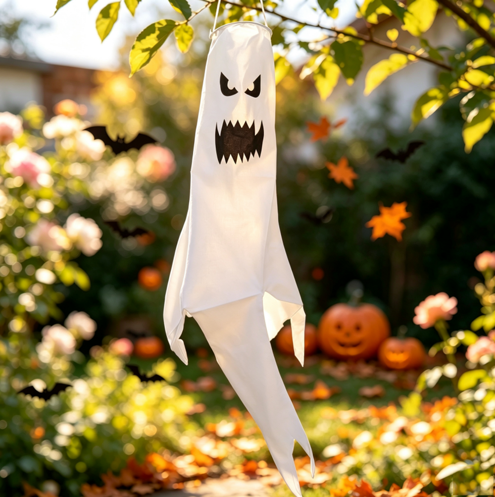 Giant LED Ghost Windsock Hanging Decor - 47 inch, Home Porch Patio Yard Outdoor Halloween Holiday Party Spooky Hanging Decor