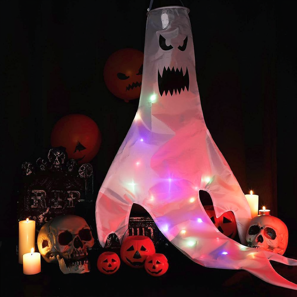 Giant LED Ghost Windsock Hanging Decor - 47 inch, Home Porch Patio Yard Outdoor Halloween Holiday Party Spooky Hanging Decor